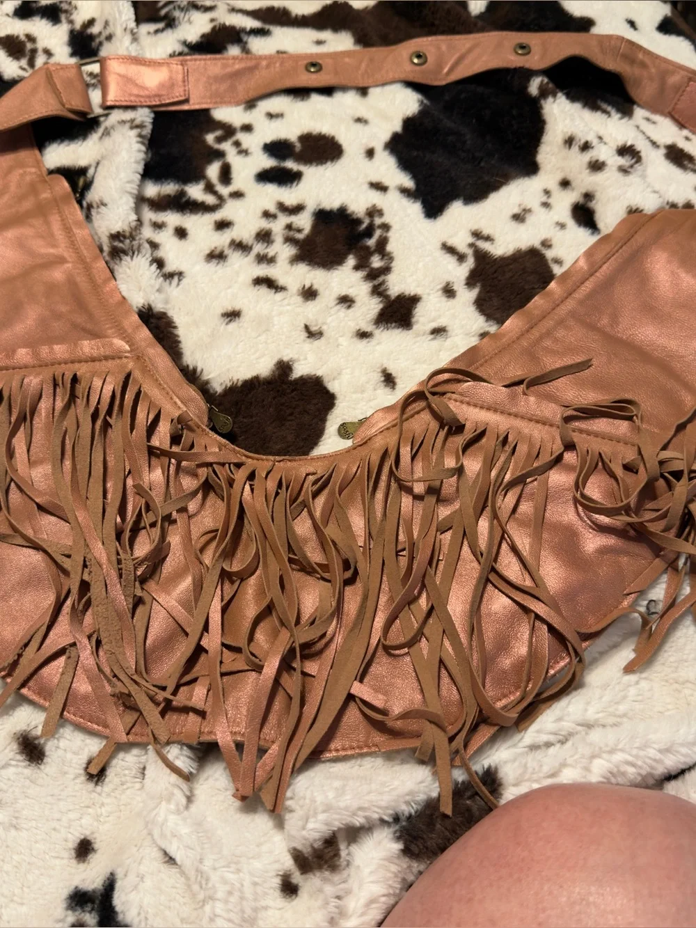 Fringed MetallicLeather Rose Gold Shoulder Bag